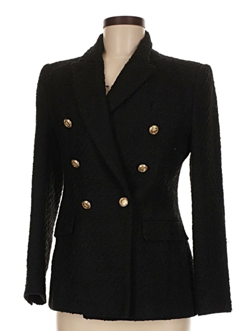 ZARA Black Textured Double-Breasted Blazer with gold buttons size Large